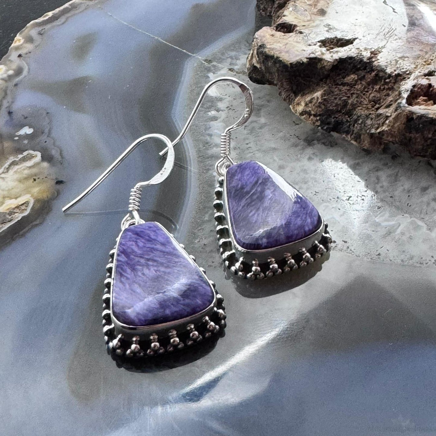 Sterling Silver Southwestern Style Trapezoid Charoite Decorated Dangle Earrings For Women