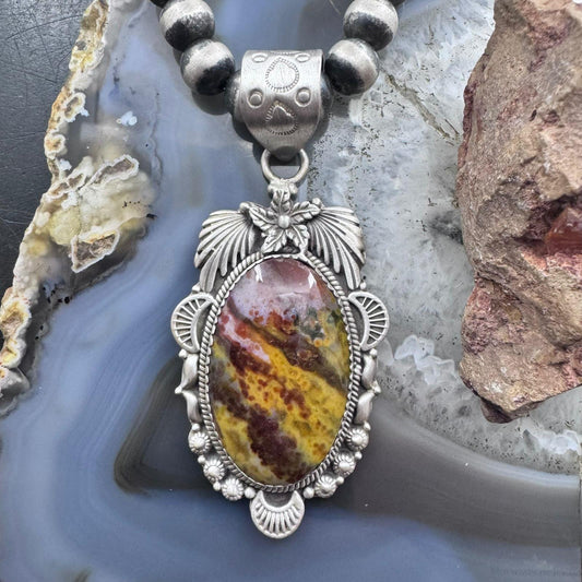 Sterling Silver Southwestern Style Oval River Jasper Decorated Pendant For Women