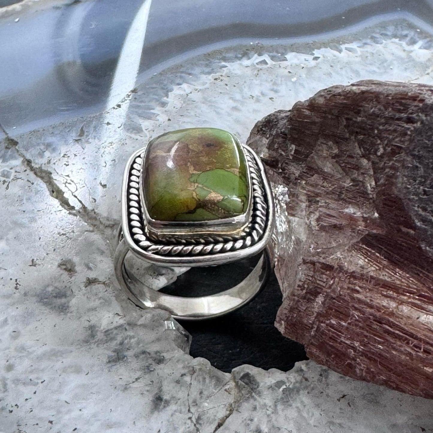 Sterling Southwestern Style Atlantisite & Green Copper Bar Ring Size 6.75 For Women