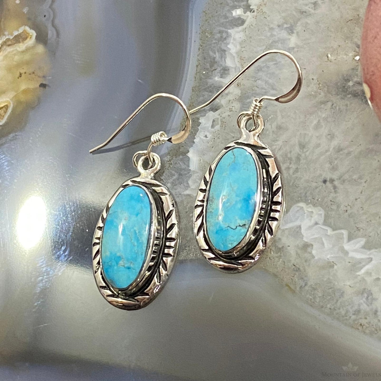 Native American Sterling Oval Blue Ridge Turquoise Dangle Earrings For Women