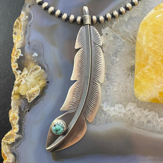 Billy Long Sterling Silver Oxidized Feather w/Turquoise Unisex Pendant Necklace
