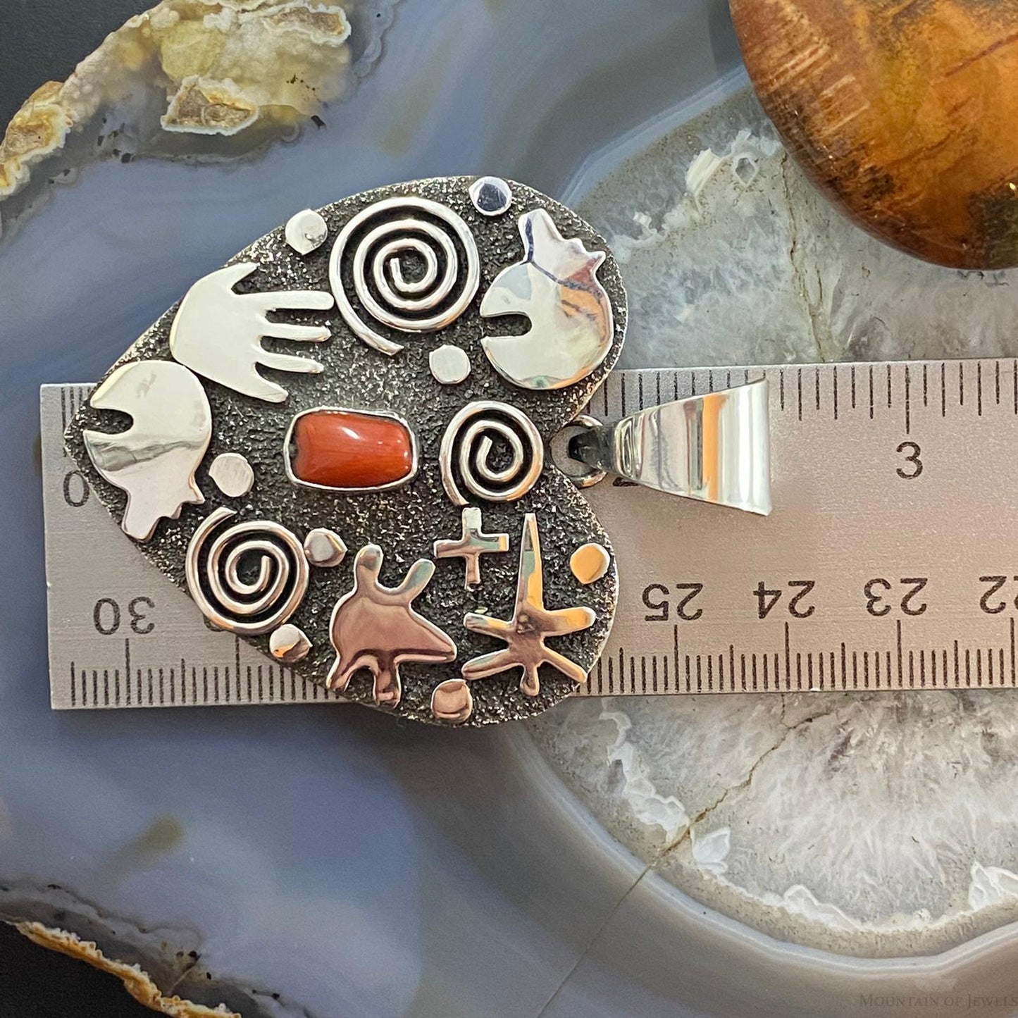 Alex Sanchez Sterling Silver Coral Large Petroglyph Heart Pendant For Women