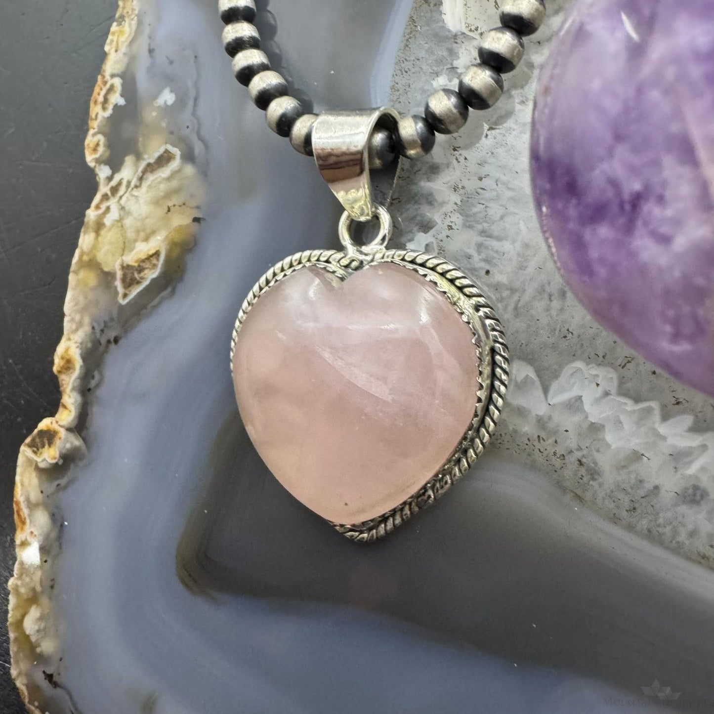 Sterling Silver Southwestern Style Pink Quartz Heart Shape Pendant For Women