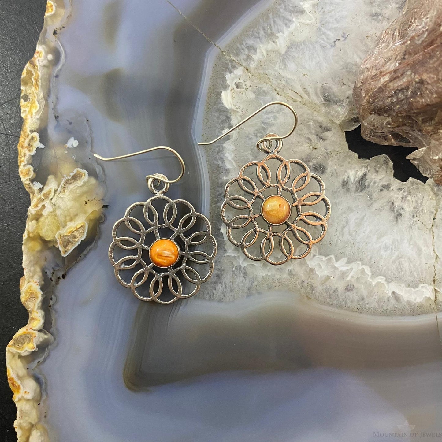 Sterling Silver Round Spiny Oyster Flower Fashion Dangle Earrings For Women