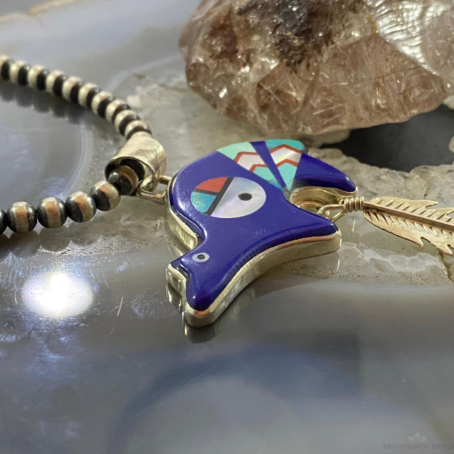 Native American Sterling Multistone Zuni Inlay Fetish Bear w/Feather Pendant