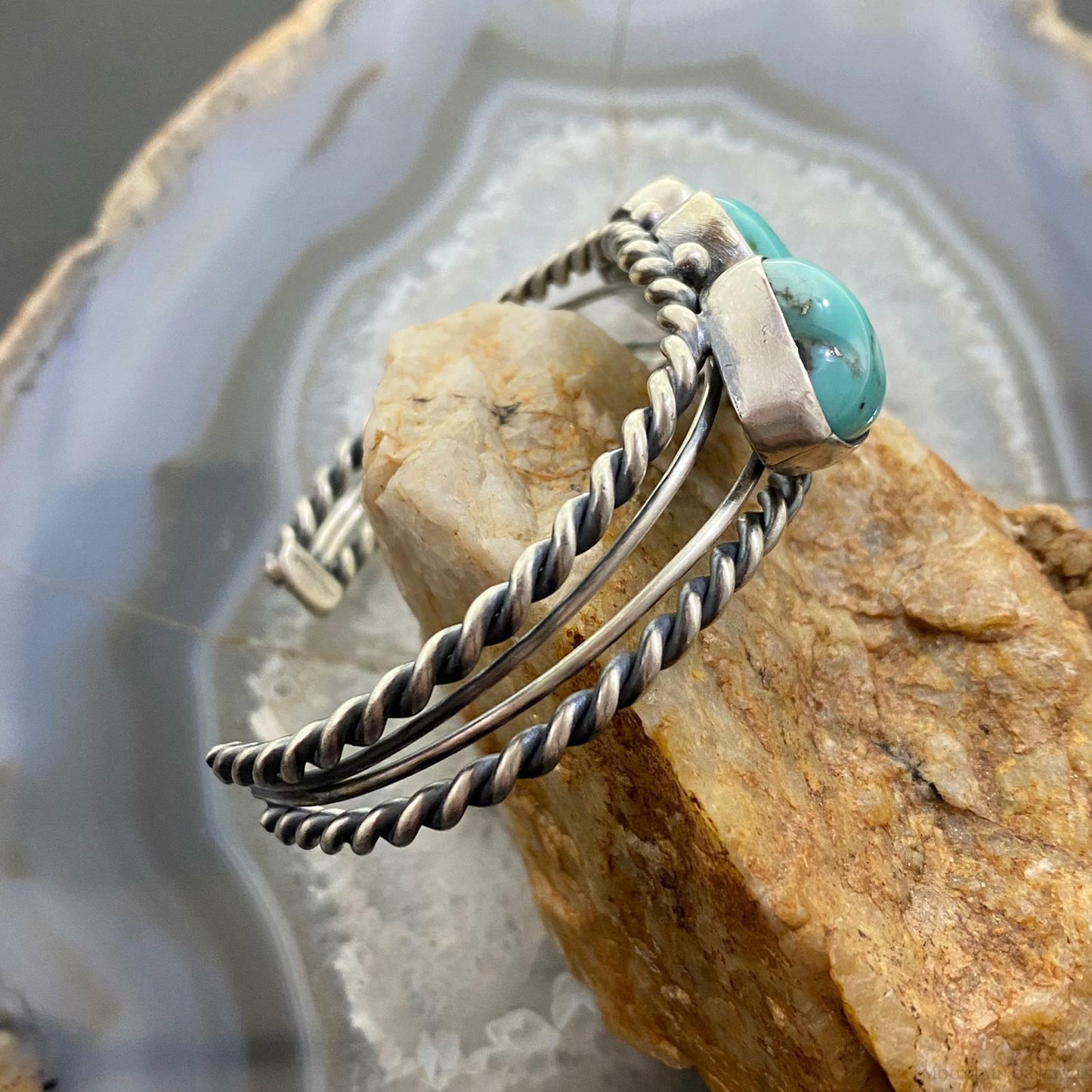 Native American Sterling Silver Chunky Turquoise Split Twisted Shank Bracelet For Women