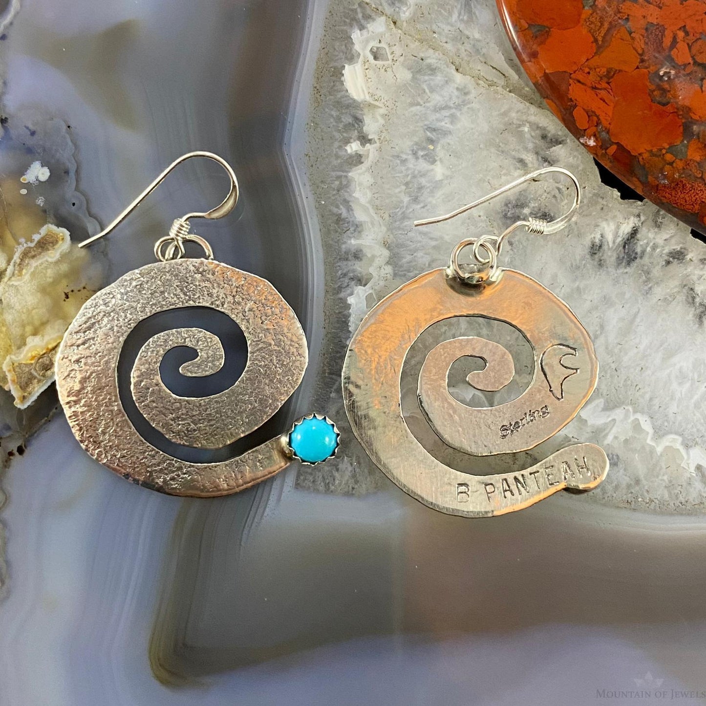 Brad Panteah Native American Sterling Turquoise Hammered Spiral Dangle Earrings