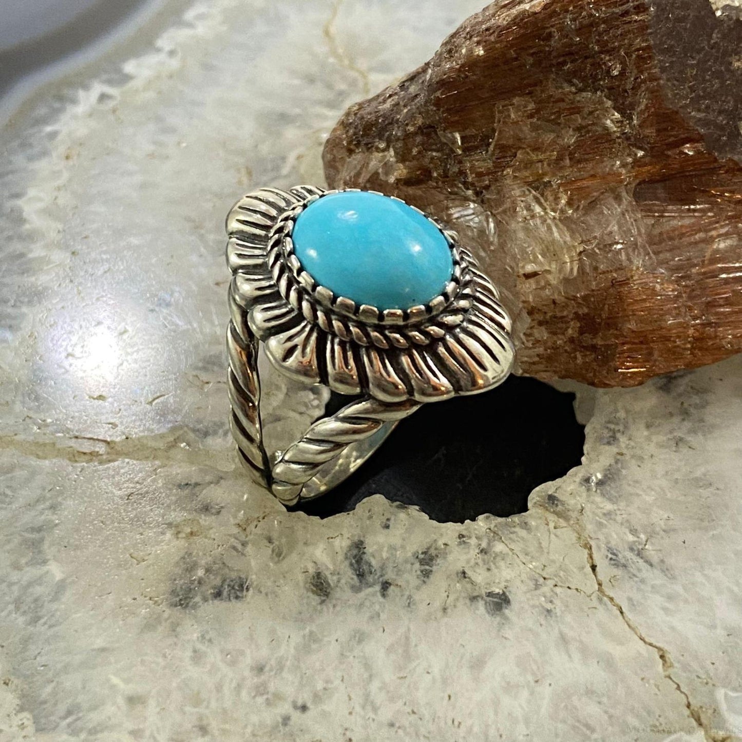 Carolyn Pollack Southwestern Style Sterling Silver Oval Turquoise Decorated Ring For Women