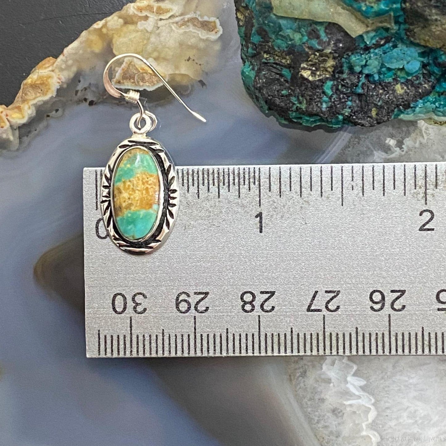 Native American Sterling Silver Oval Ribbon Boulder Turquoise Dangle Earrings