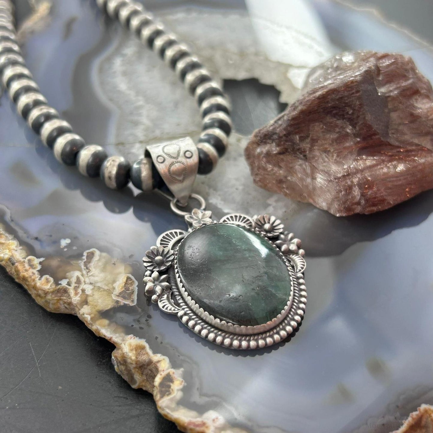 Sterling Silver Southwestern Style Oval Dark Emerald Decorated Pendant For Women