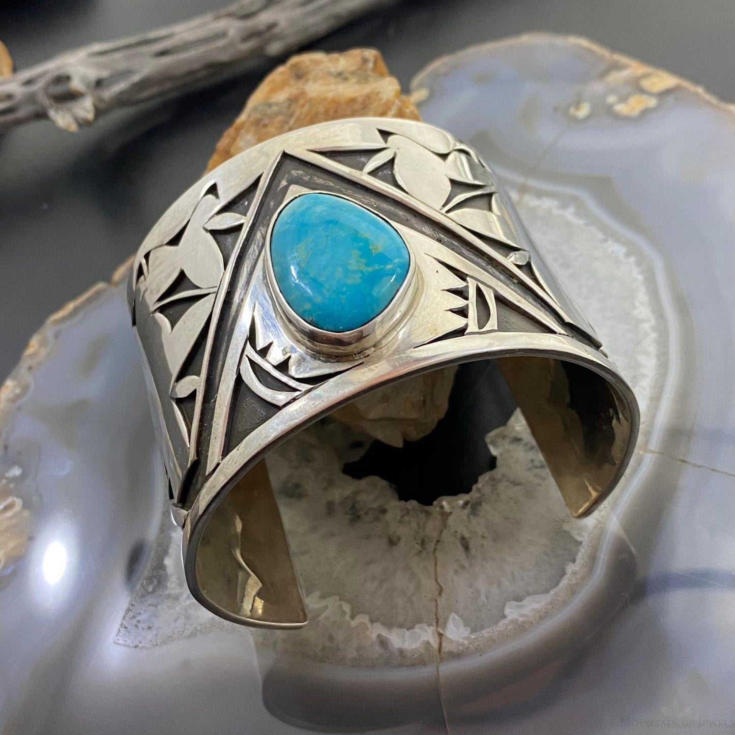 Signed Native American Sterling Turquoise Wide Overlay Cuff Bracelet For Women