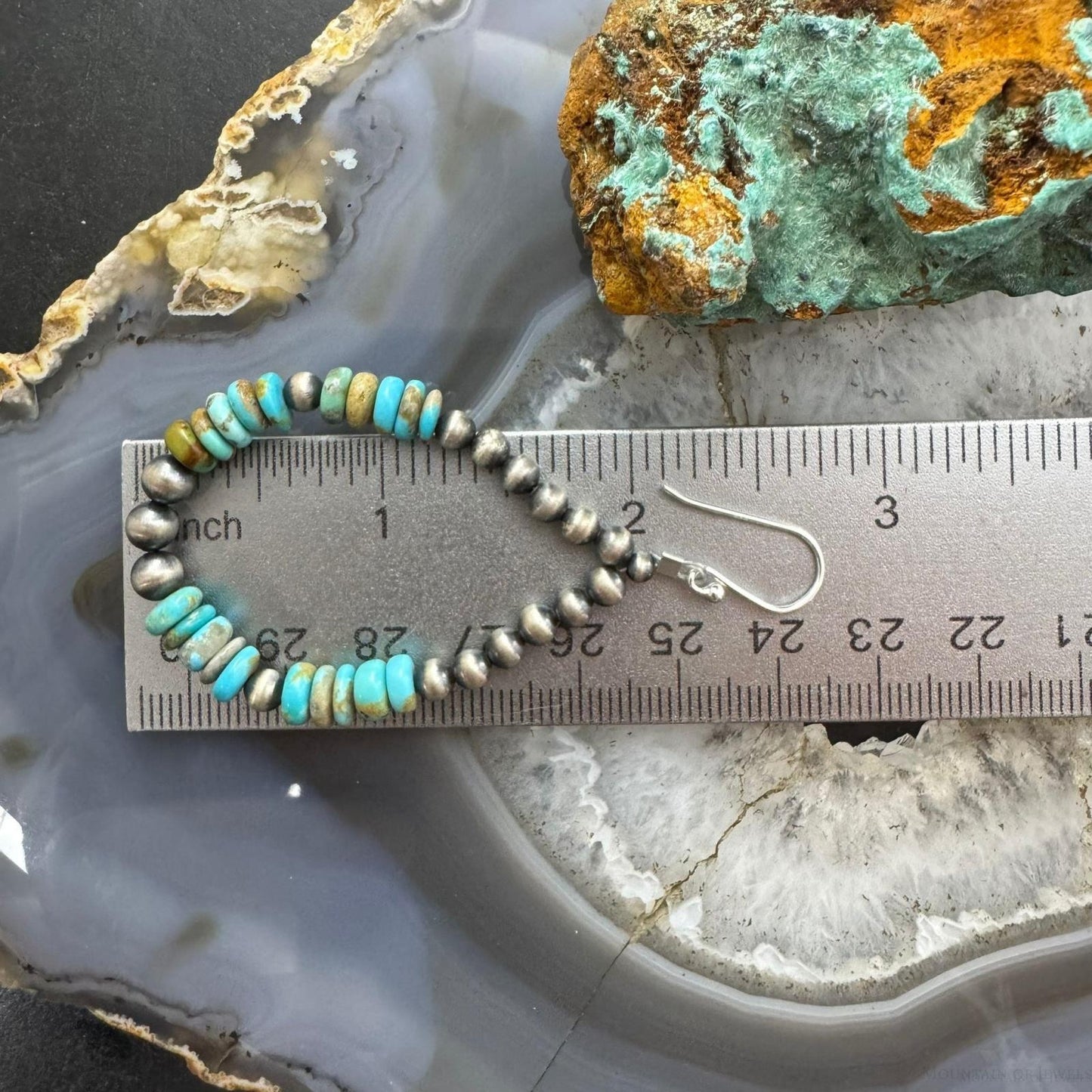 Sterling Silver 4mm Navajo Pearl Southwester Style & 6mm Turquoise Bead Hoop Earrings For Women