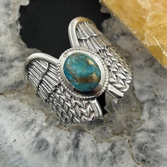 Sterling Silver Southwestern Style Copper Turquoise Unisex Wing Ring Size 9