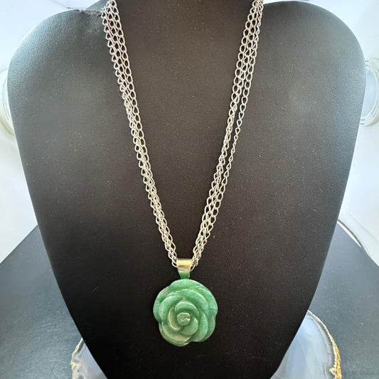 Carolyn Pollack Sterling Carved Green Aventurine Rose Pendant W/Chain Necklace For Women