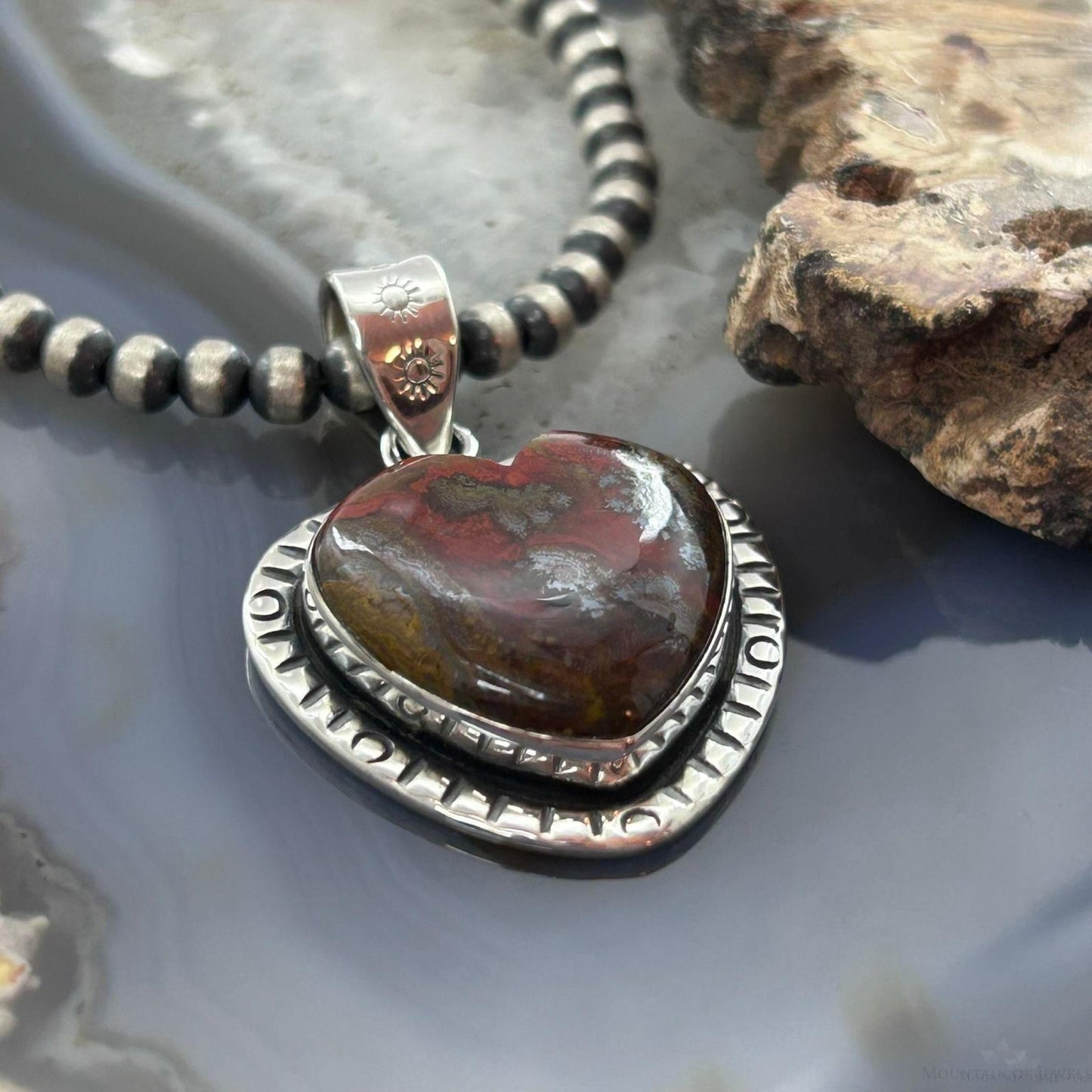 Sterling Silver Southwestern Style Sean Agate Heart Decorated Pendant For Women