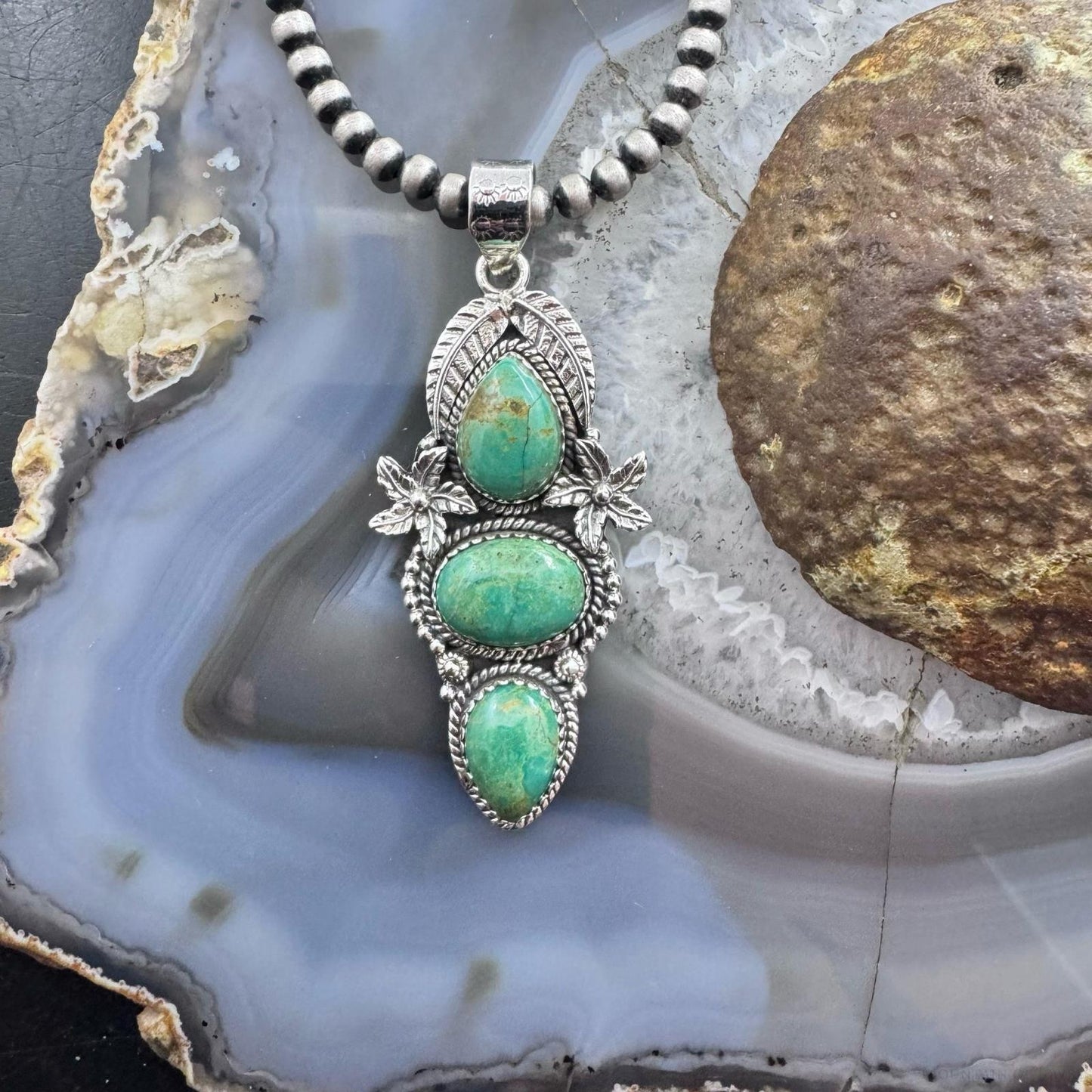 Sterling Silver Southwestern Style Triple Turquoise Decorated Pendant For Women