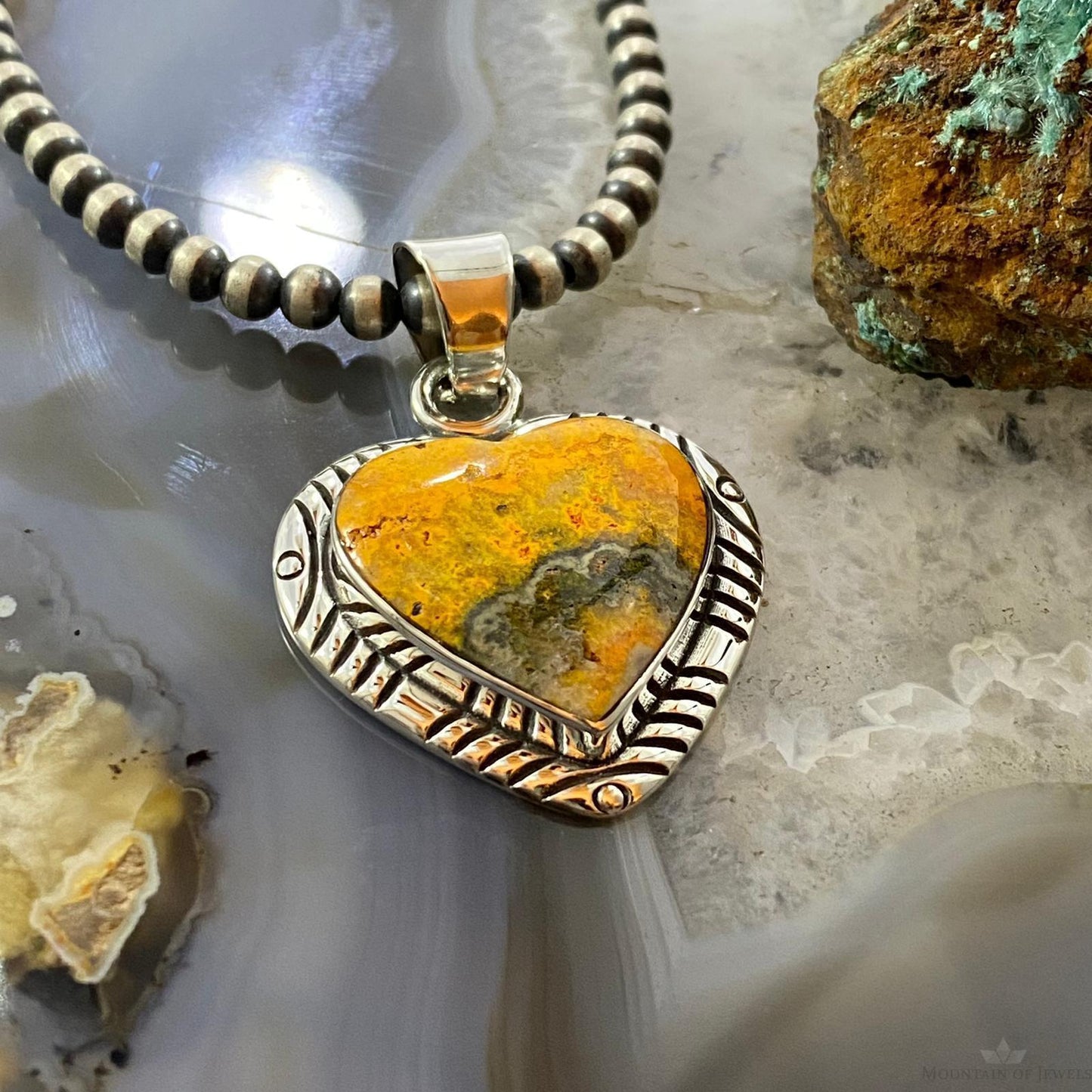 Native American Sterling Silver Heart Shape Bumblebee Jasper Pendant For Women
