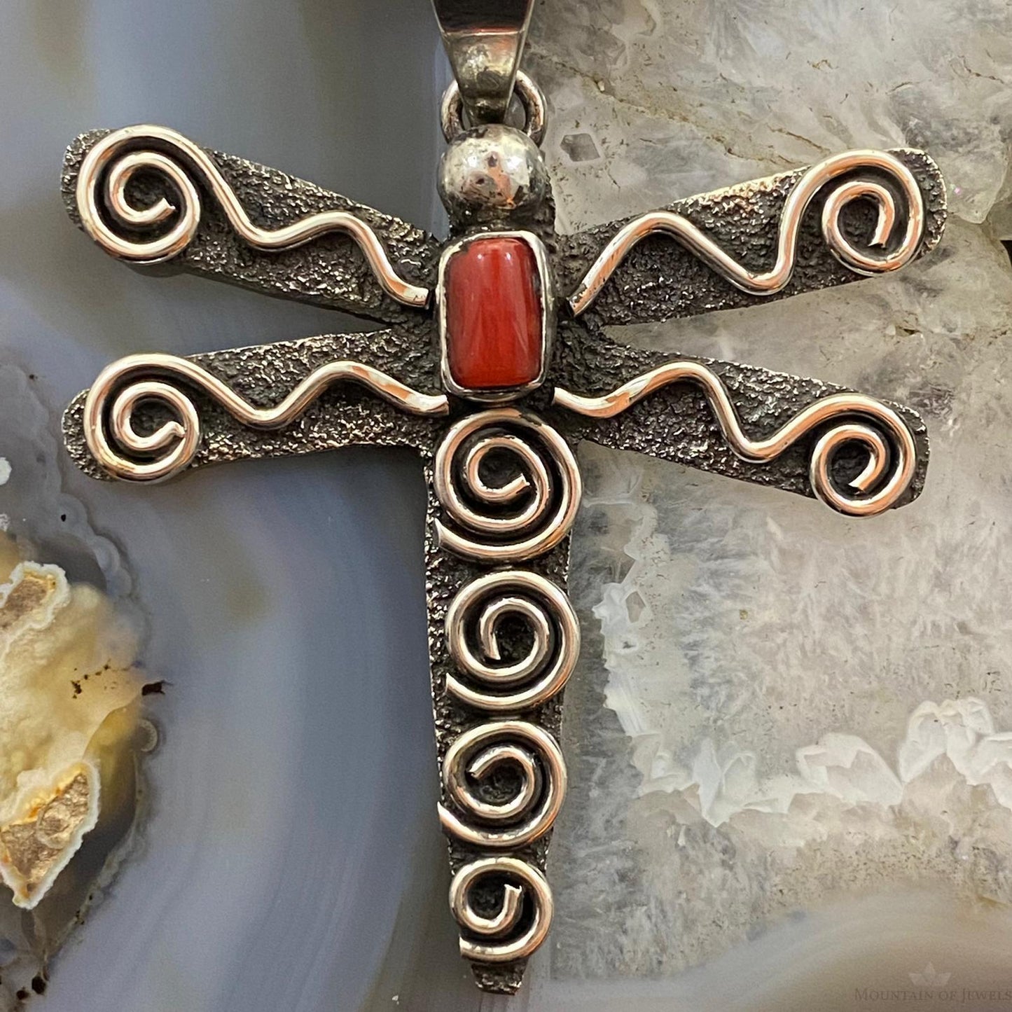 Alex Sanchez Sterling Silver Petroglyph & Coral Dragonfly Unisex Pendant #4