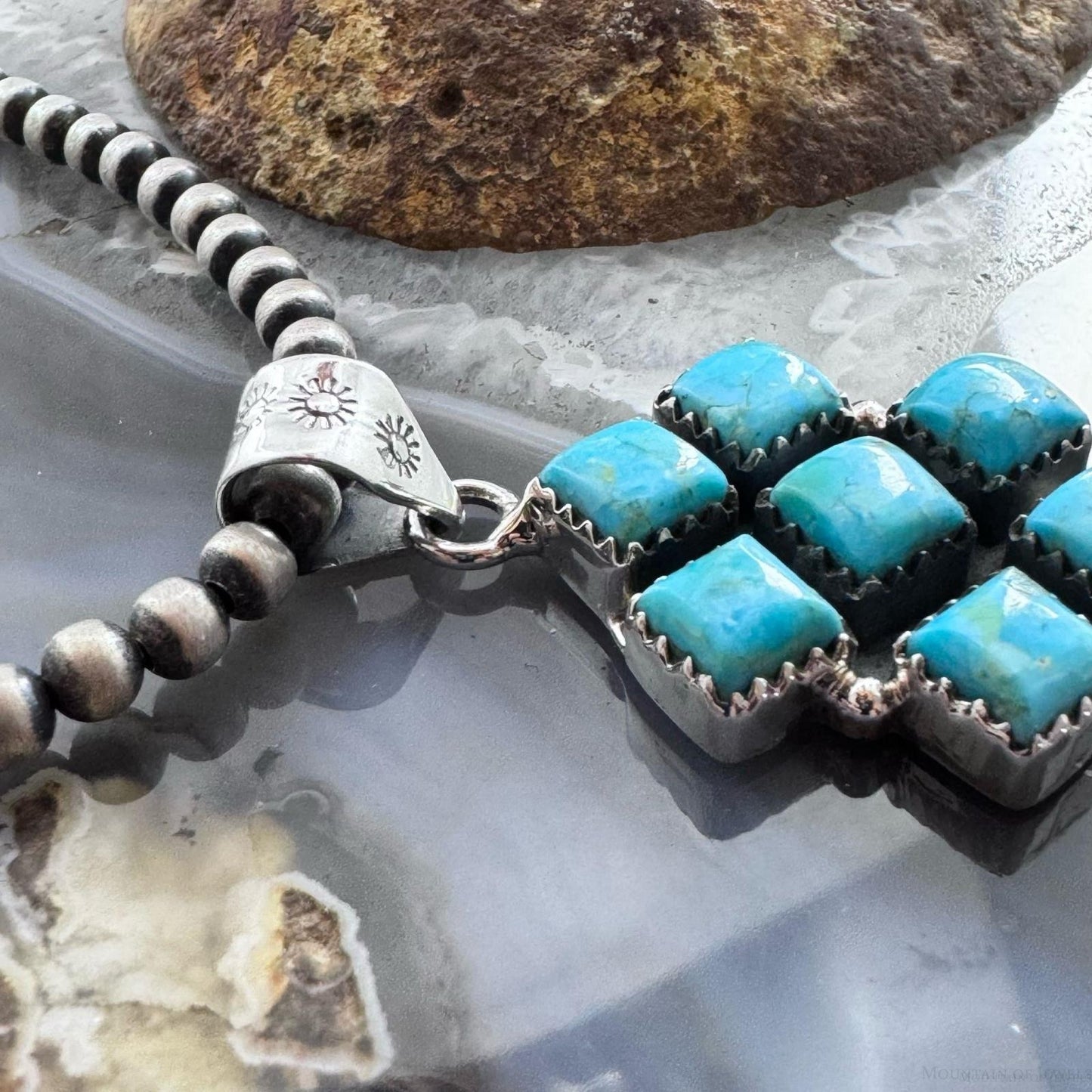 Sterling Silver Southwestern Style 7 SquareTurquoise Pendant For Women