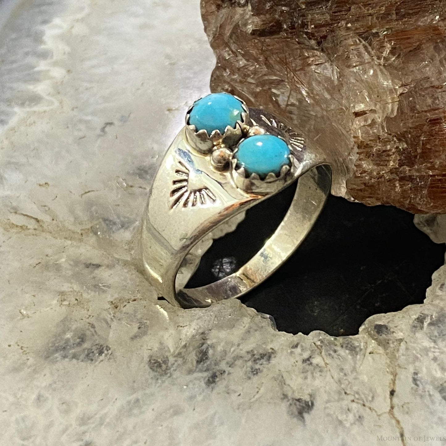 Native American Sterling Double Turquoise Decorated Ring Size 5/ 6.5 /7.5 / 8 For Women