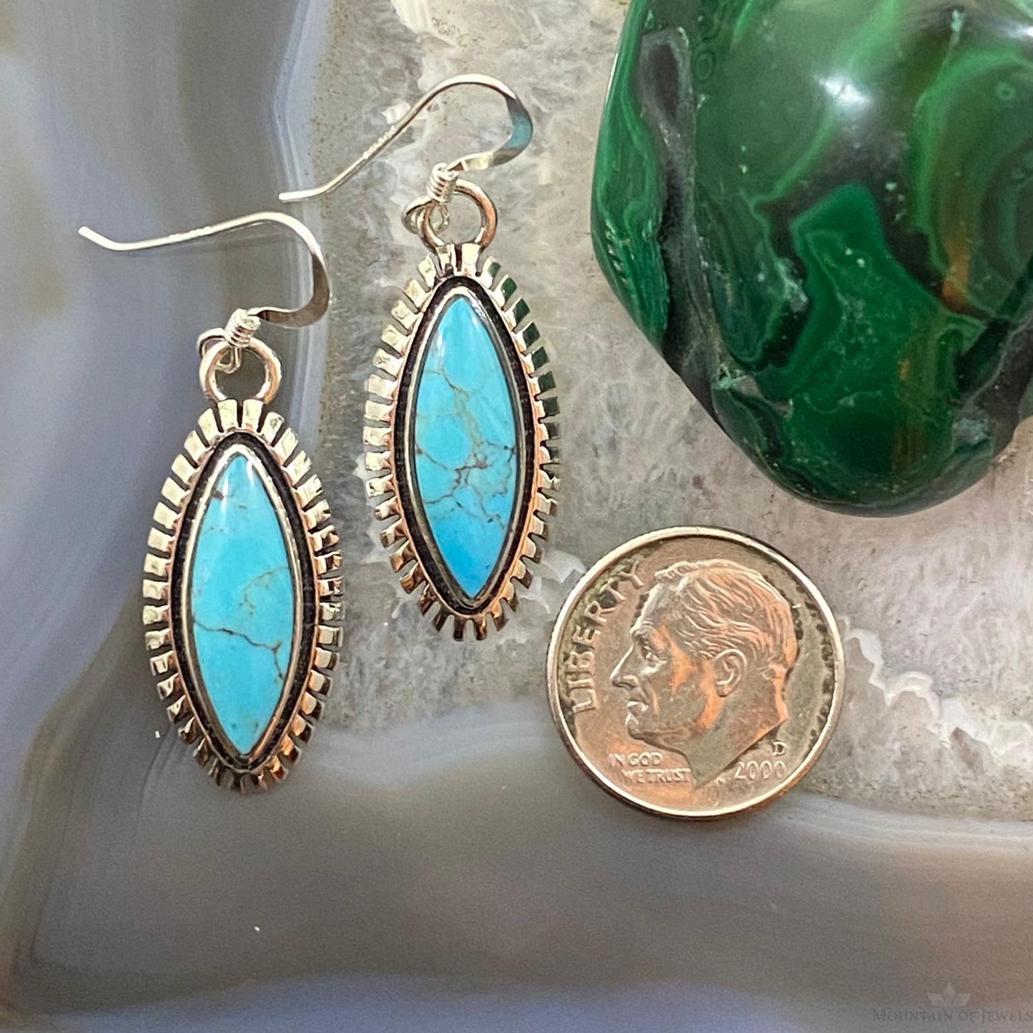 Native American Sterling Silver Marquise Turquoise Dangle Earrings For Women