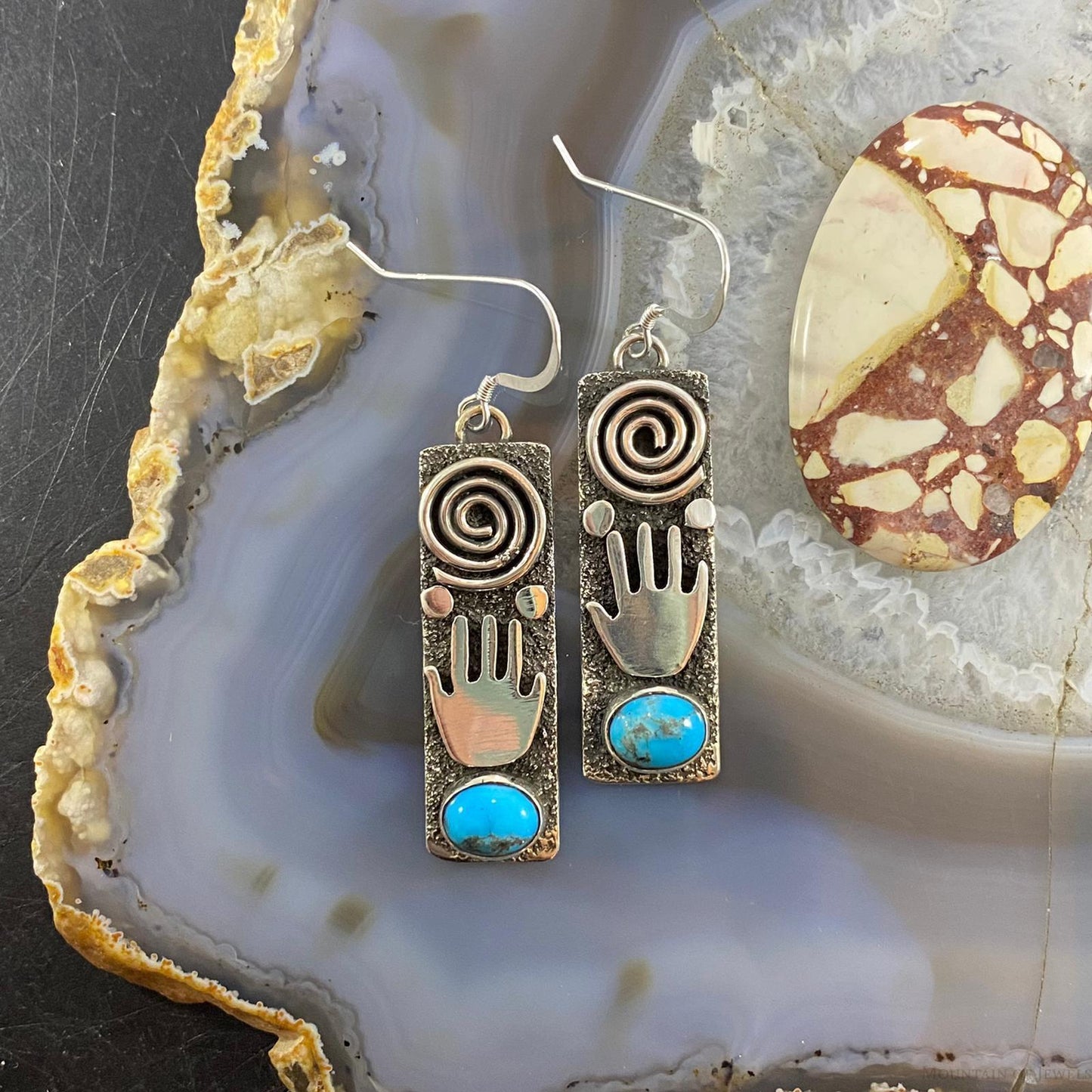 Alex Sanchez Native American Sterling Turquoise Petroglyph Dangle Earrings #3