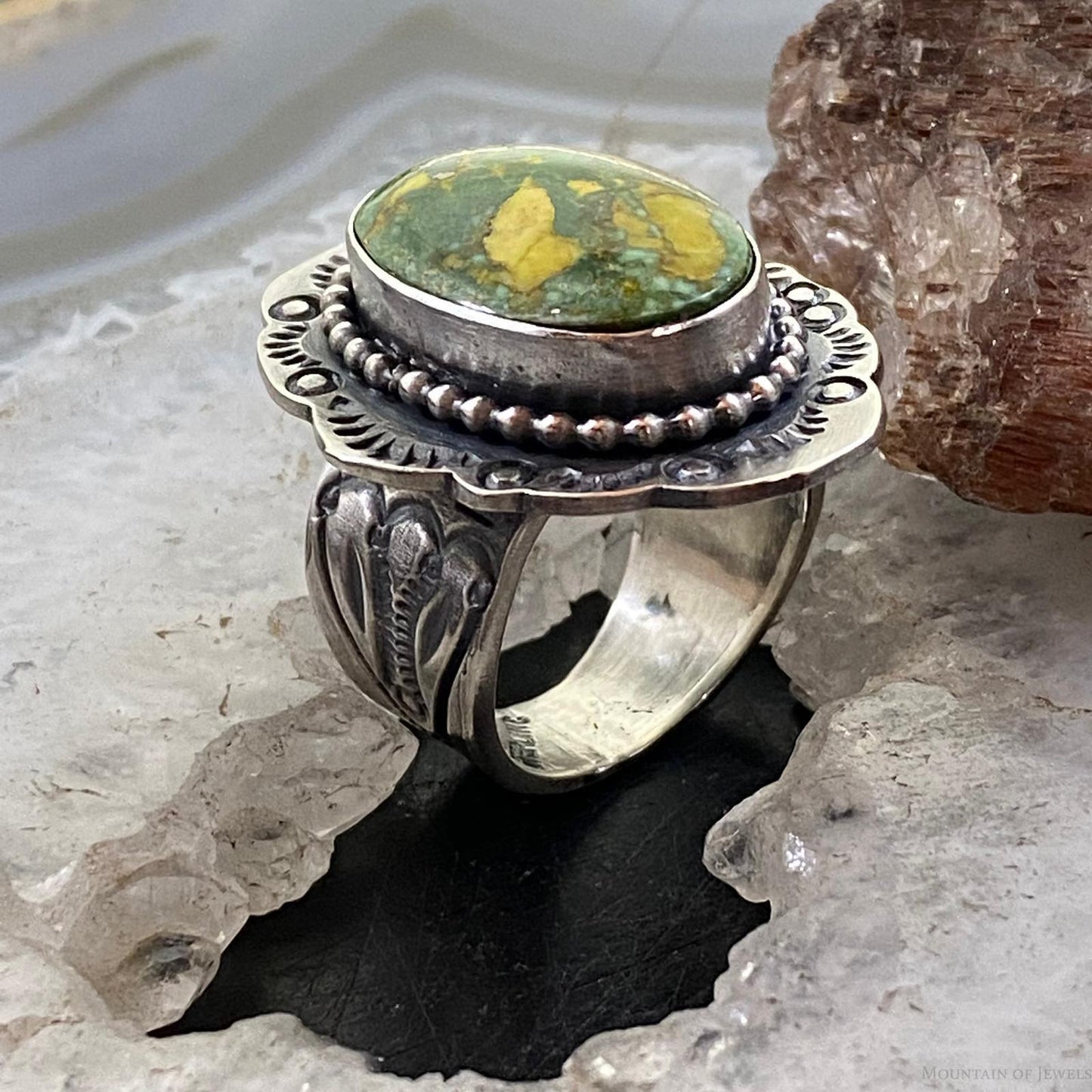 Tim Vanderver Sterling Ornate Oval Sonora Gold Turquoise Ring Size 7.5 For Women