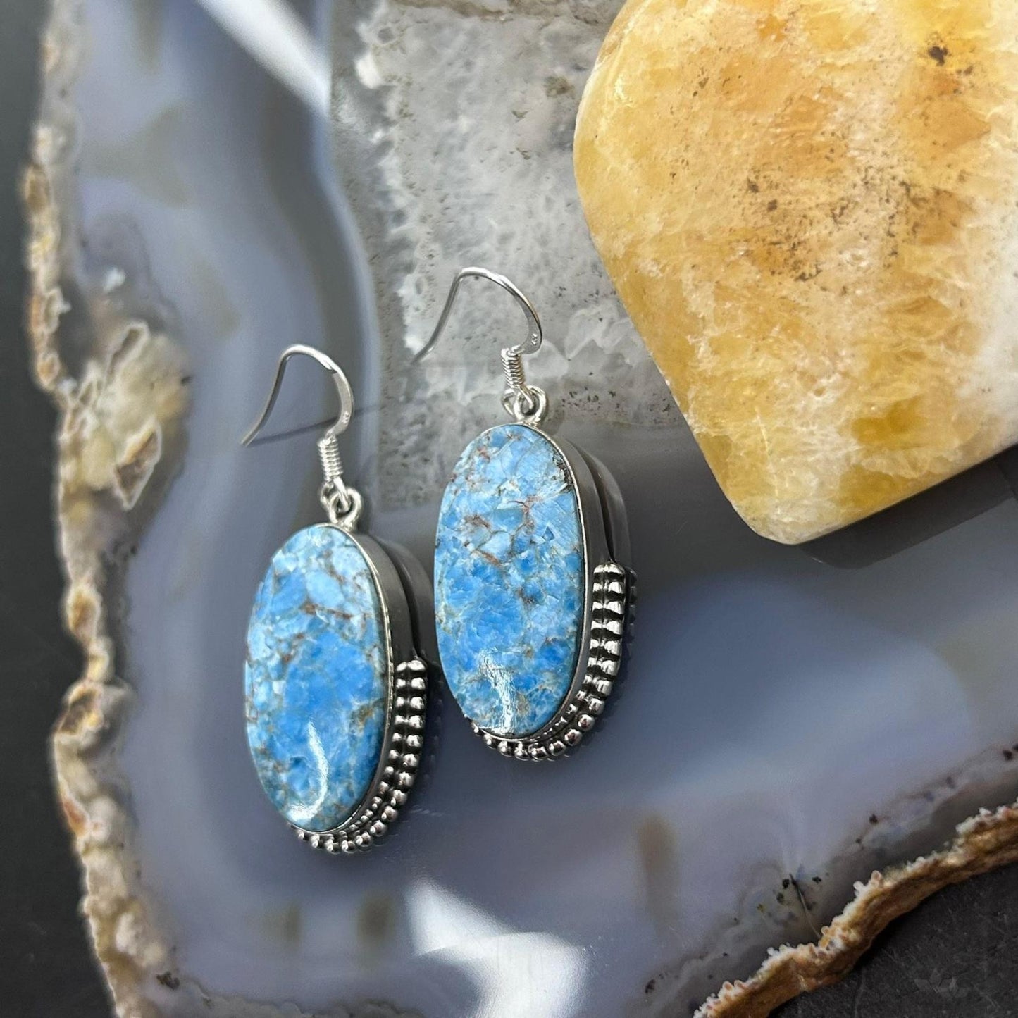 Sterling Silver Southwestern Style Oval Blue Apatite Dangle Earrings For Women