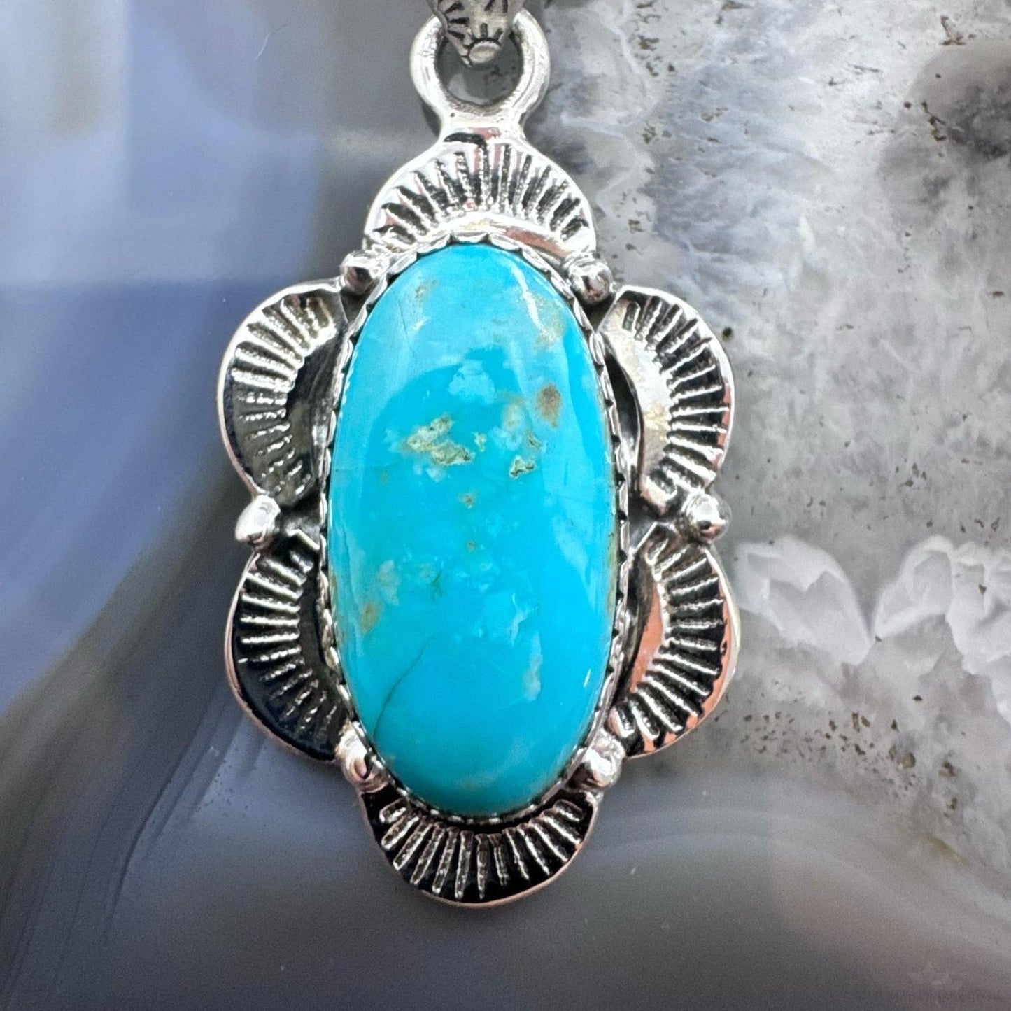 Sterling Silver Southwestern Style Oval Turquoise Decorated Pendant For Women #1
