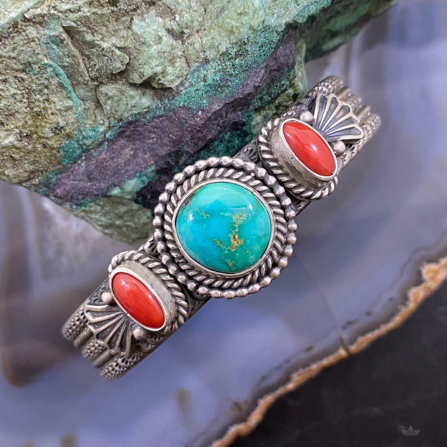 M&R Calladitto Sterling Silver Sonora Gold Turquoise & Coral Cuff Bracelet