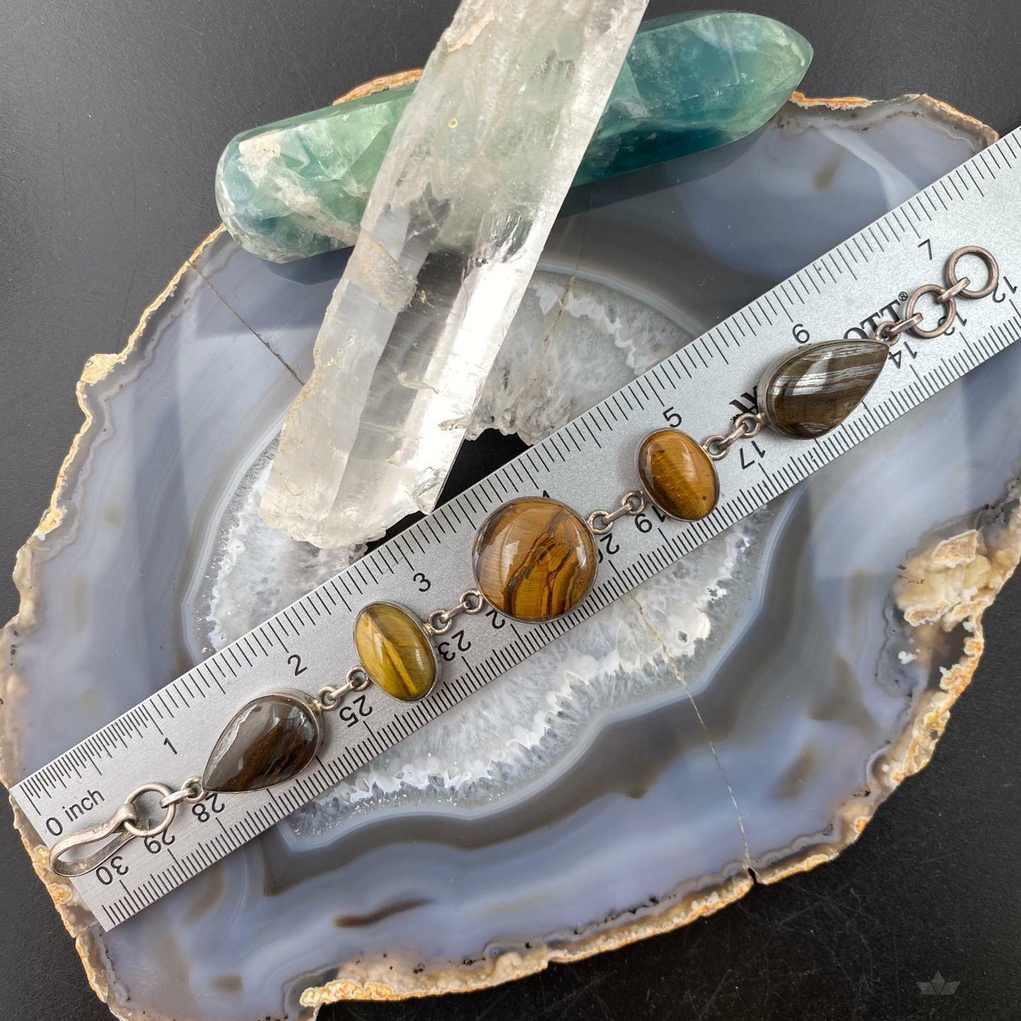 Sterling Silver Agate and Tiger Eye Link Tennis Bracelet For Women