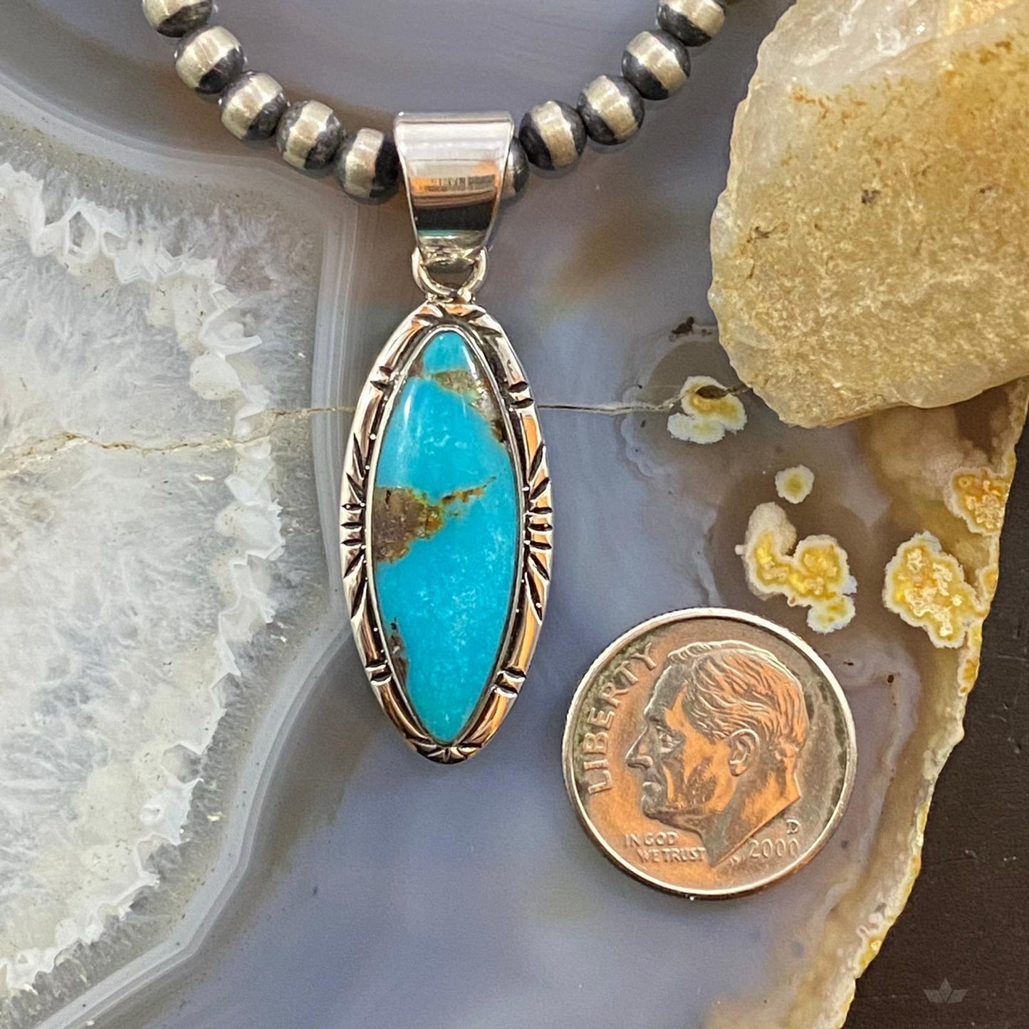 Native American Sterling Silver Turquoise Marquise Pendant For Women
