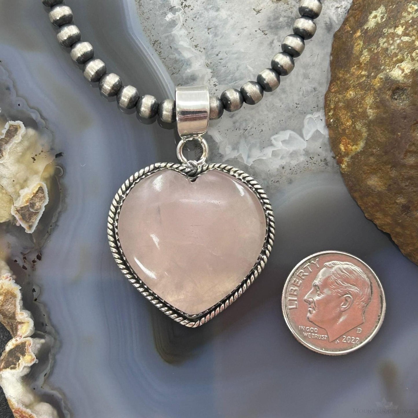 Sterling Silver Southwestern Style Rose Quartz Heart Pendant For Women #1
