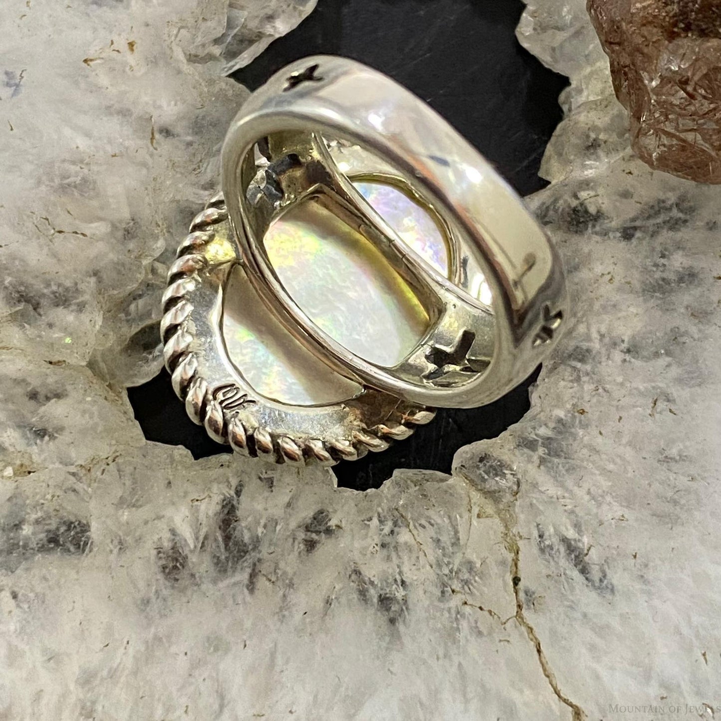Carolyn Pollack Southwestern Style Sterling Silver Oval Gold Mother of Pearl Cross Ring Size 5 & 7.5 For Women