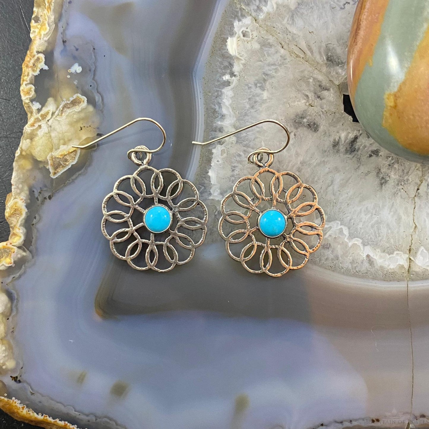 Sterling Silver Round Sleeping Beauty Turquoise Flower Fashion Dangle Earrings