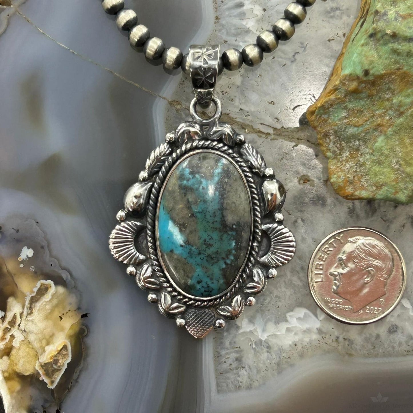 Sterling Silver Southwestern Style Oval Turquoise Decorated Pendant For Women #4