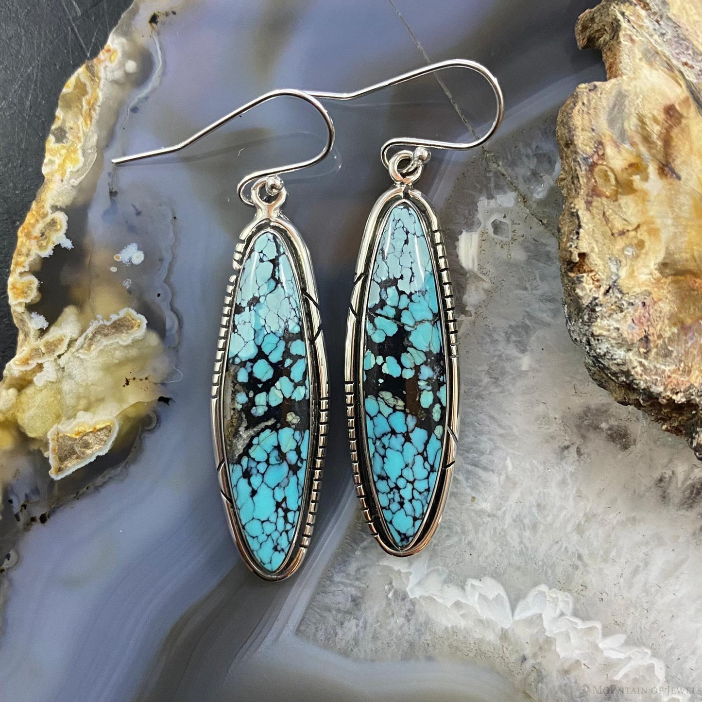 Native American Sterling Silver Marquise Chinese Turquoise Dangle Earrings