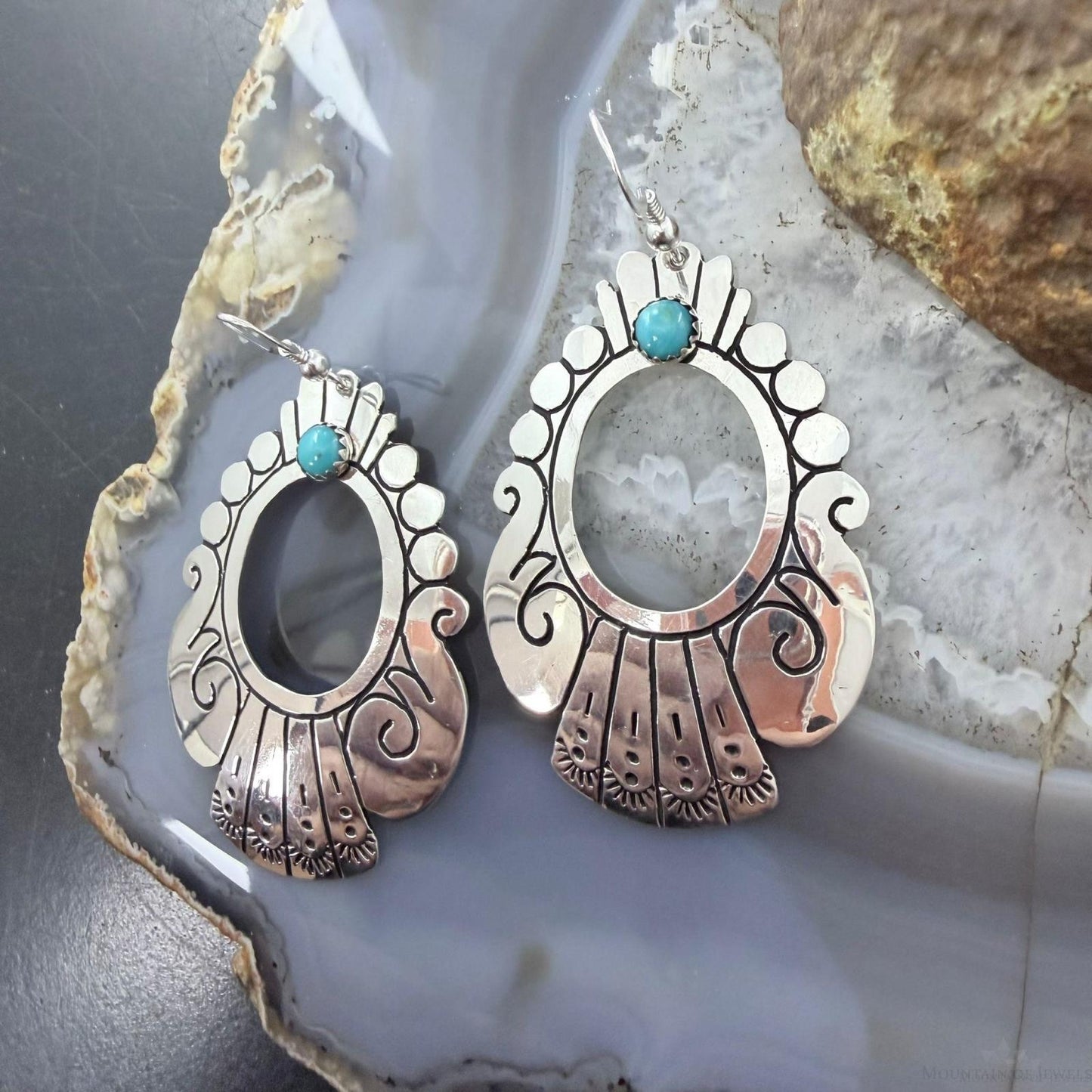 Tommy & Rosita Singer Sterling Silver Turquoise Dot Engraved Dangle Earrings For Women