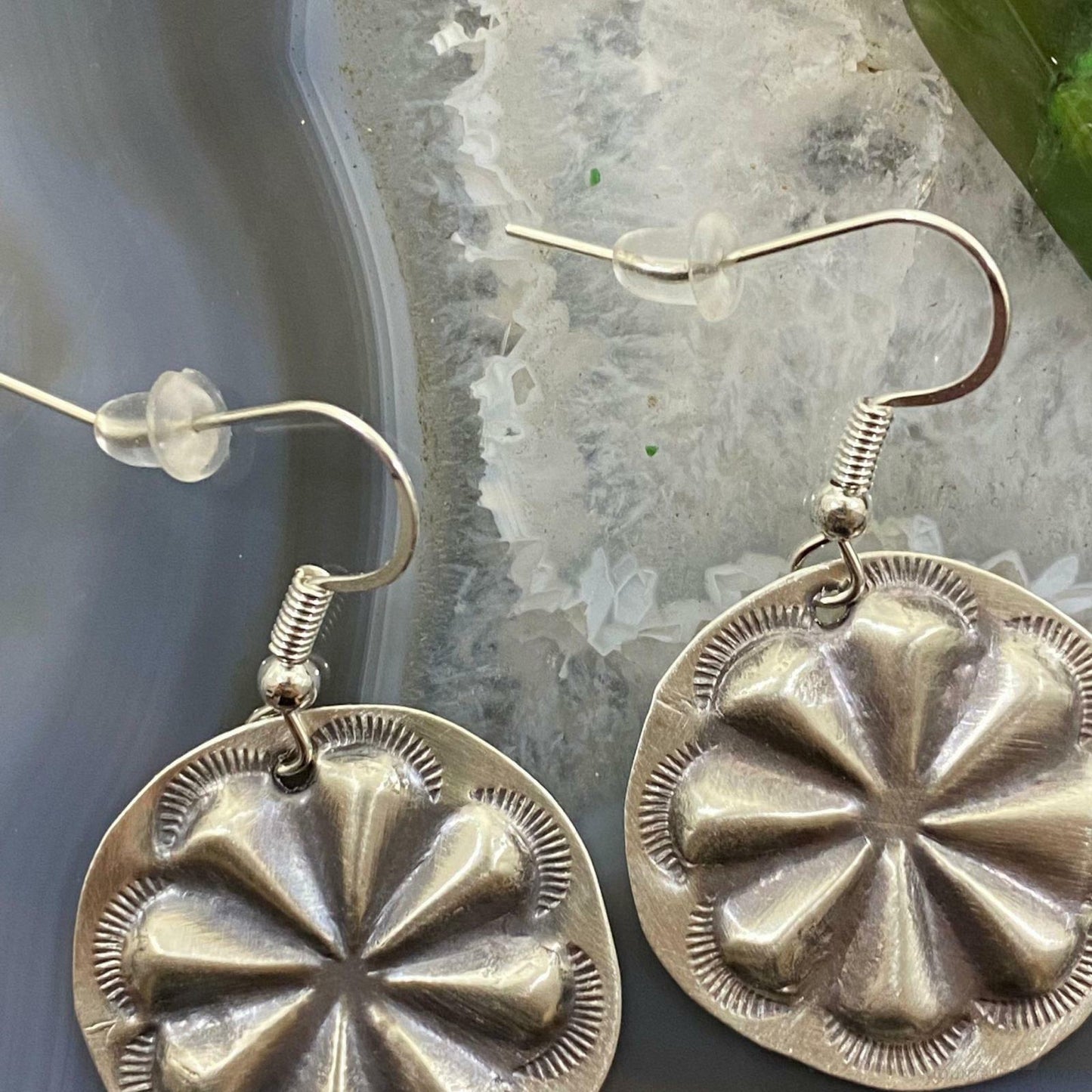 Sterling Silver Floral Repousse Dangle Earrings For Women