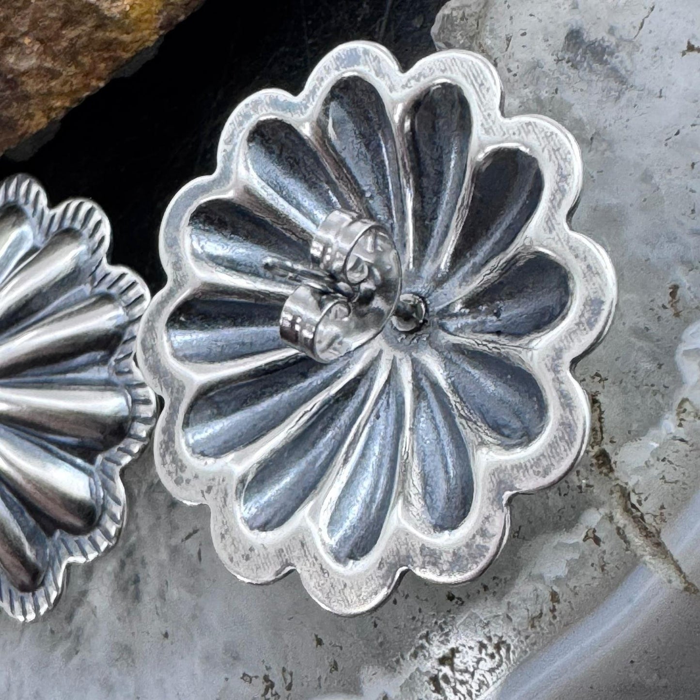 Native American Sterling Silver Repousse Large Concho Stud Earrings For Women