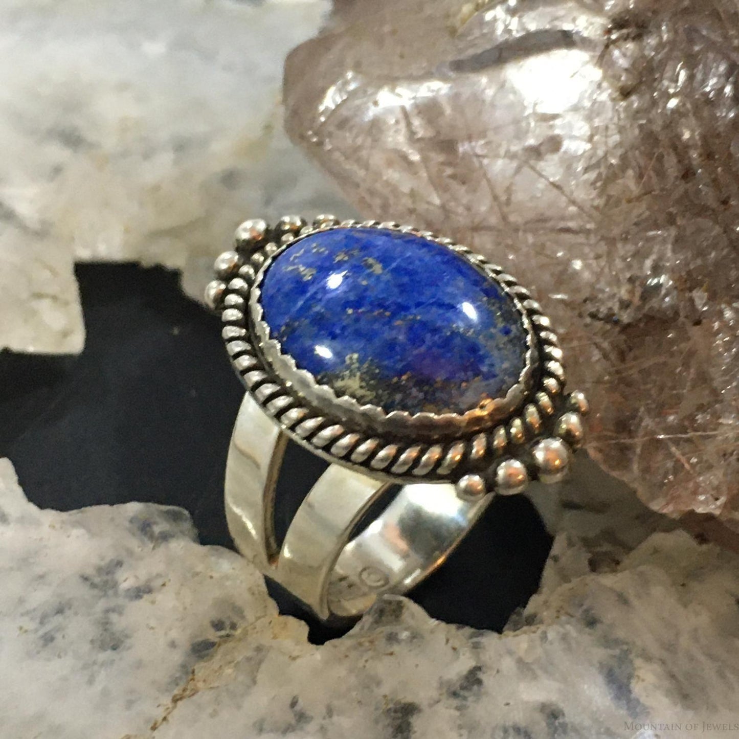 Carolyn Pollack Southwestern Style Sterling Silver Oval Denim Lapis Decorated Ring For Women