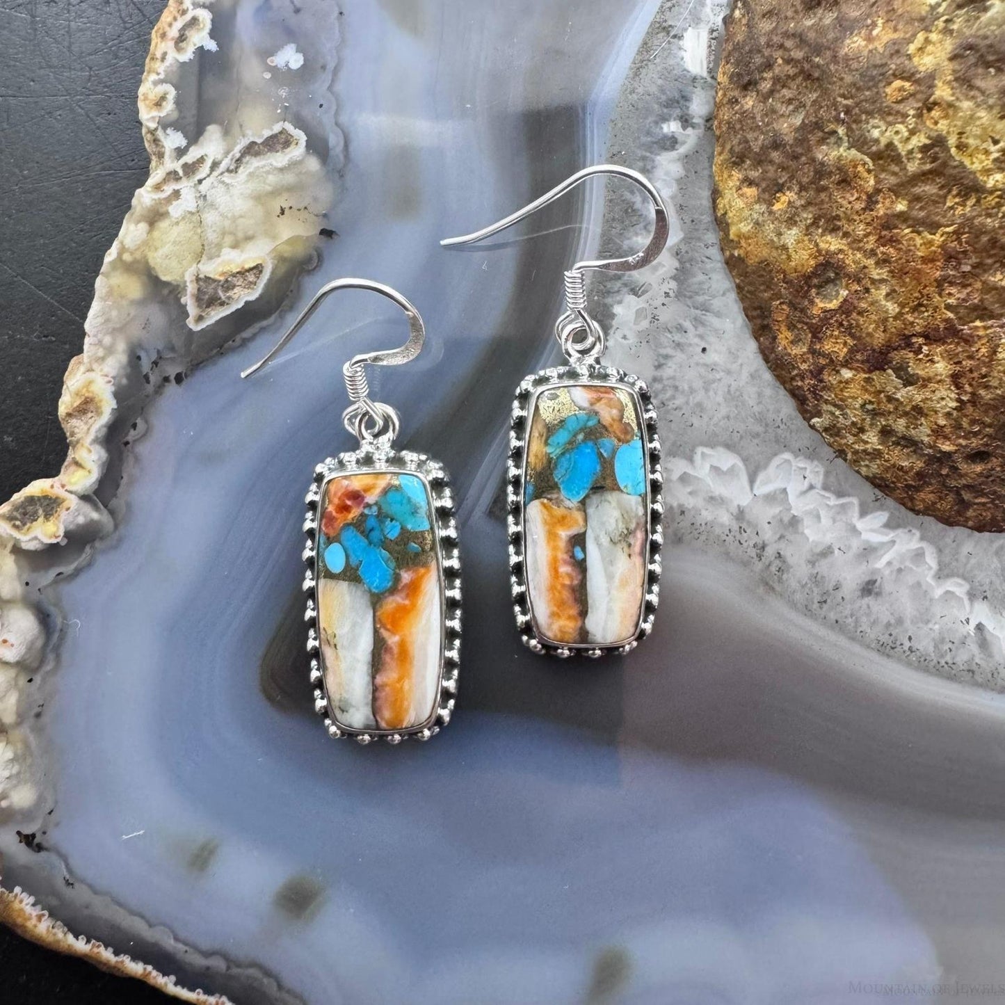 Sterling Silver Southwestern Style Rectangle Spiny & Turquoise Dangle Earrings For Women