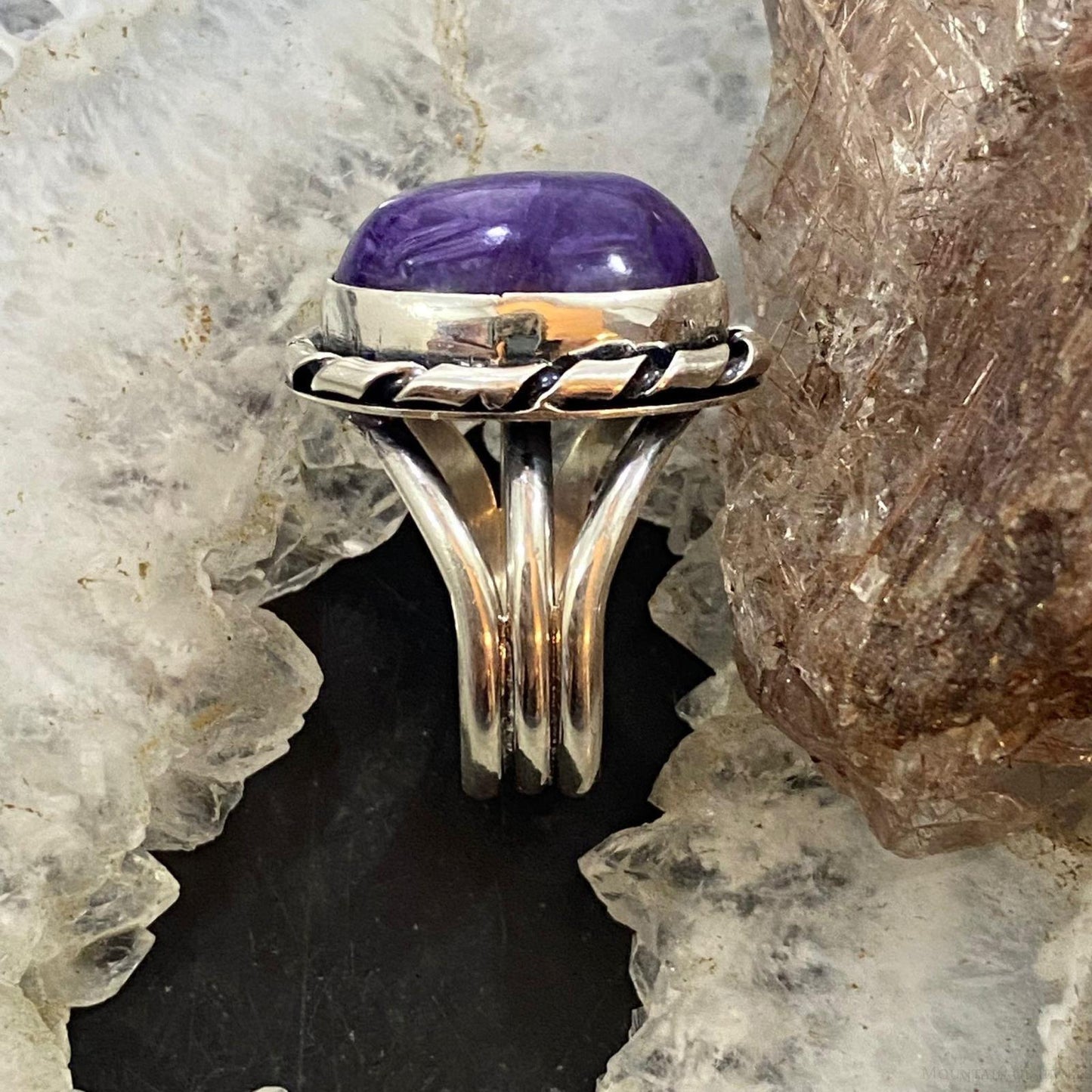 Native American Sterling Silver Oval Charoite Decorated Ring Size 8.5 For Women