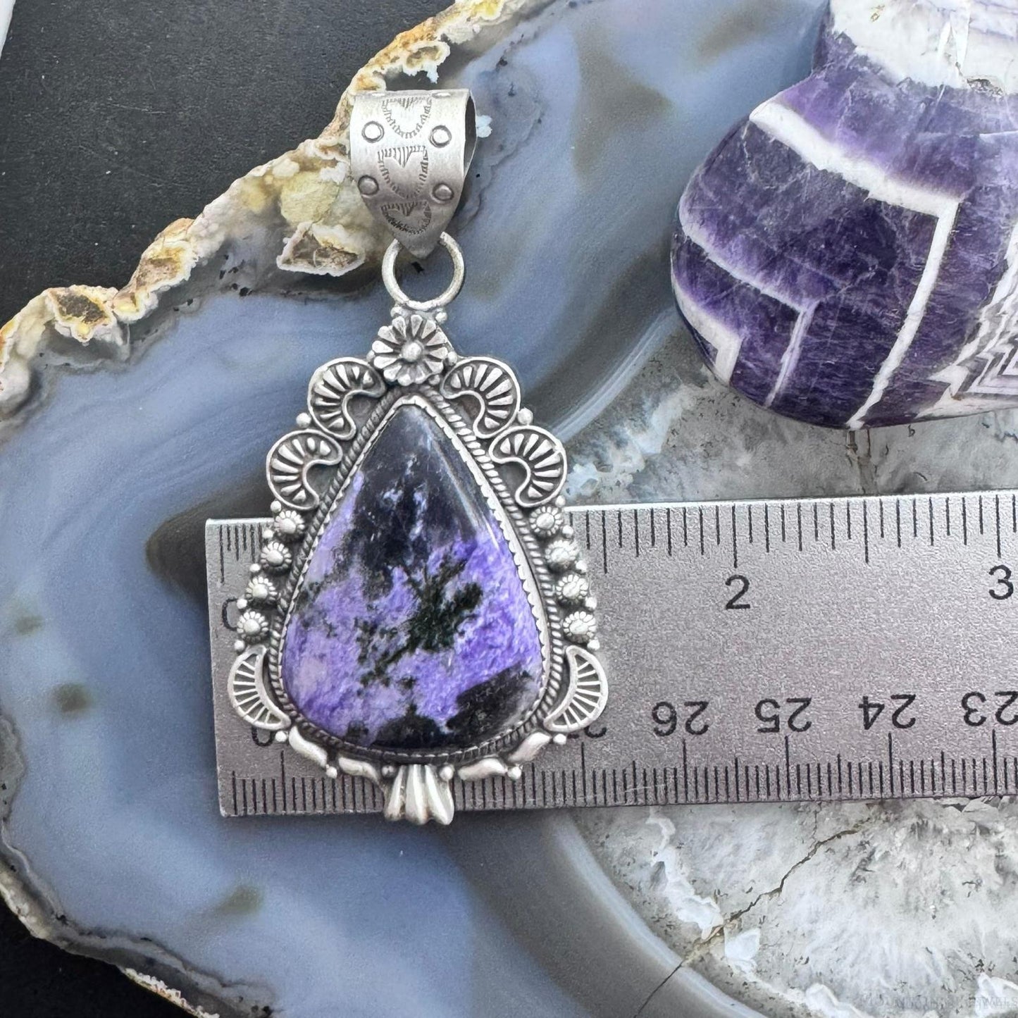 Sterling Silver Southwestern Style Elongated Teardrop Purple Charoite Pendant For Women