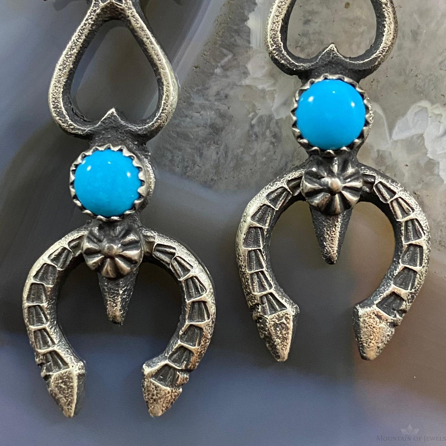 Kevin Billah Native American Sterling Silver Sandcast Turquoise Naja Dangle Earrings #4