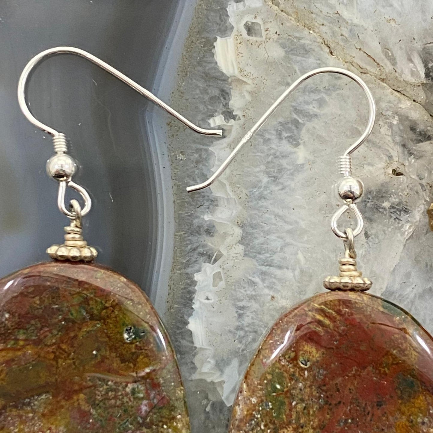 Sterling Silver Oval Bloodstone Agate Slab Dangle Earrings For Women #104
