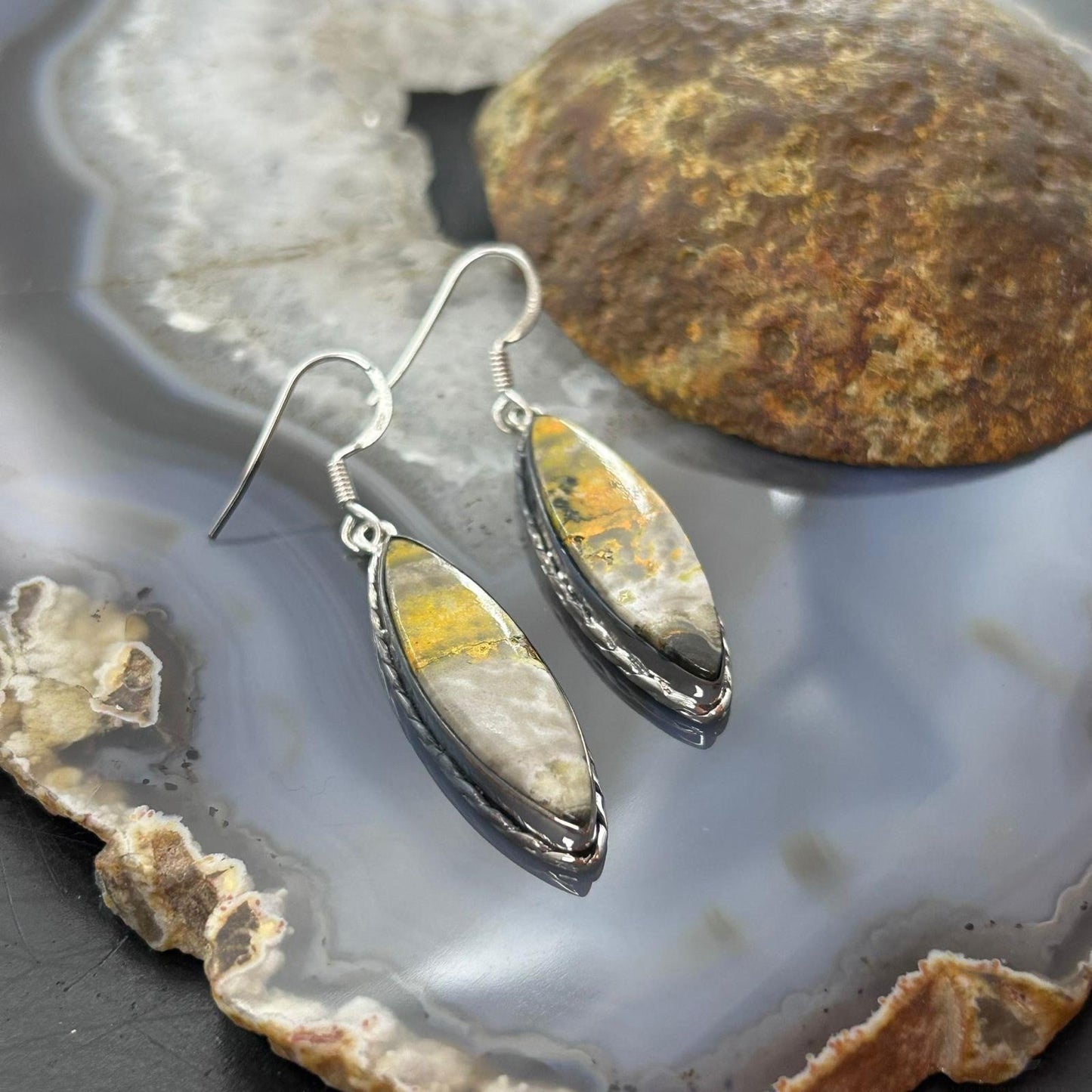Sterling Silver Southwestern Style Marquise Yellow Jasper Dangle Earrings For Women