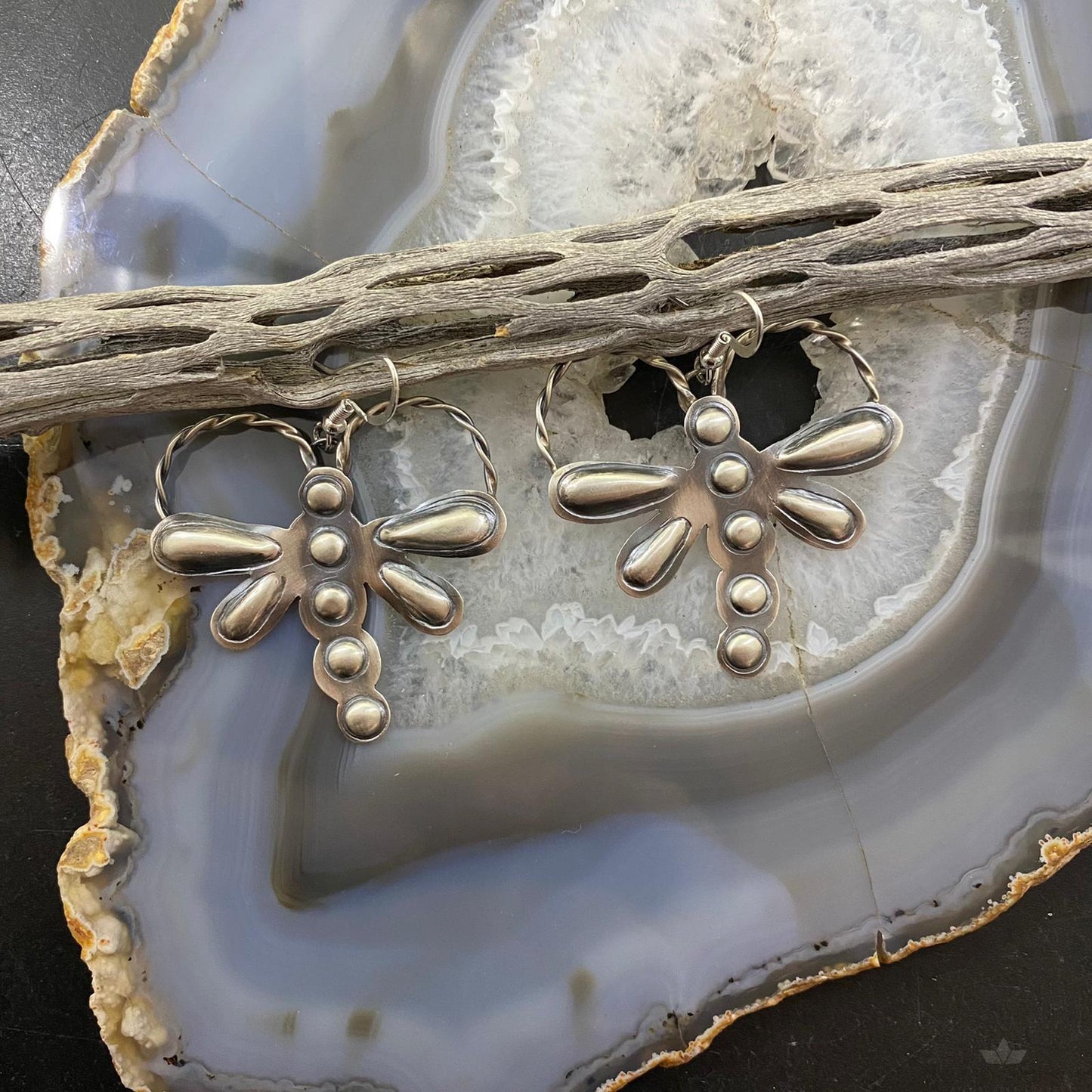 Sterling Silver Repousse Dragonfly Dangle Earrings For Women