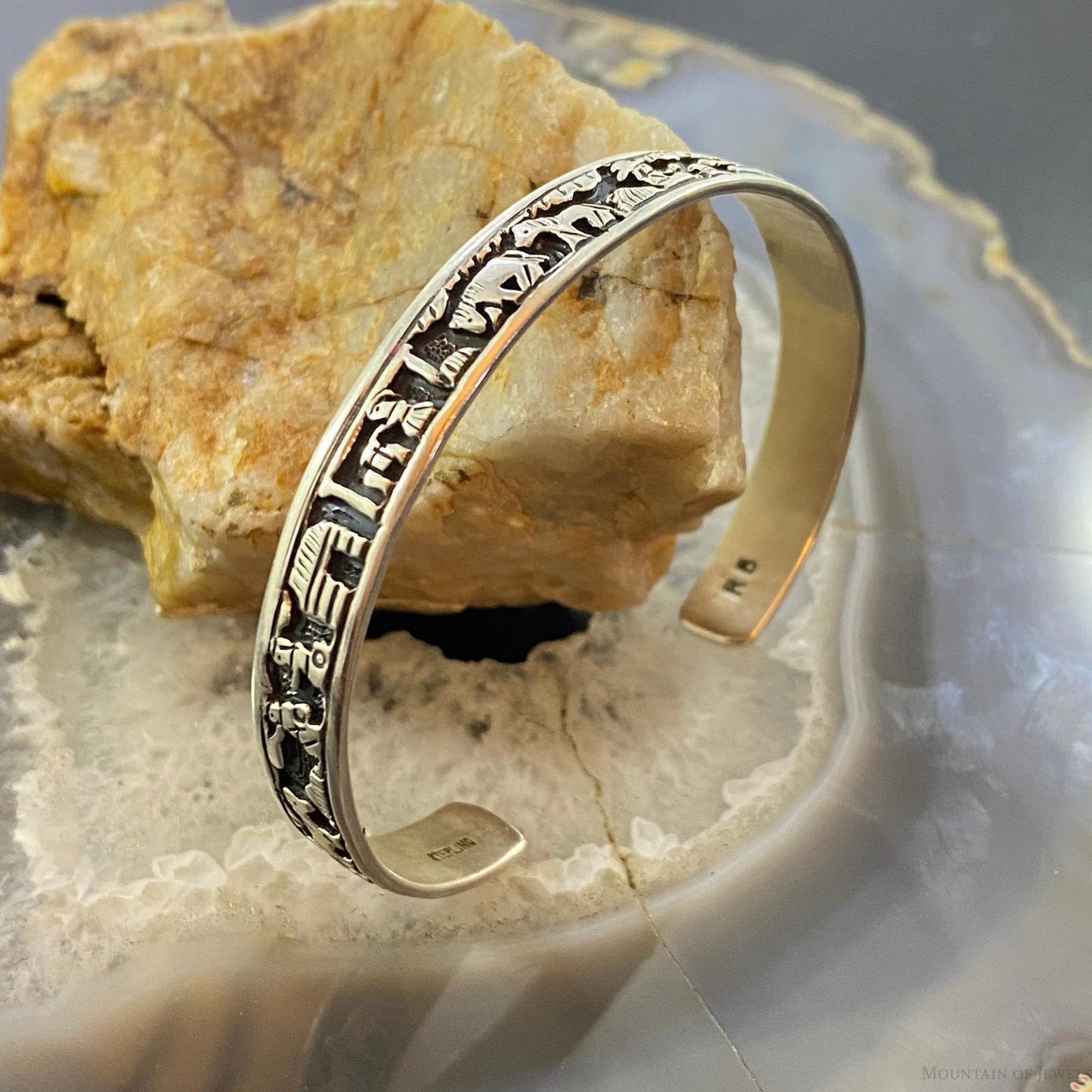 Vintage Signed Native American Sterling Silver Storyteller Bracelet For Women