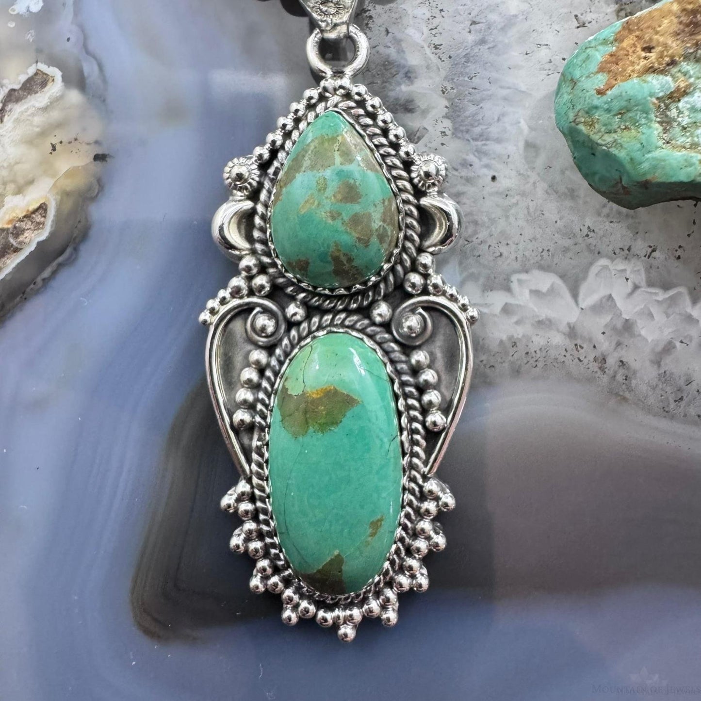 Sterling Silver Southwestern Style Long Turquoise Decorated Pendant For Women